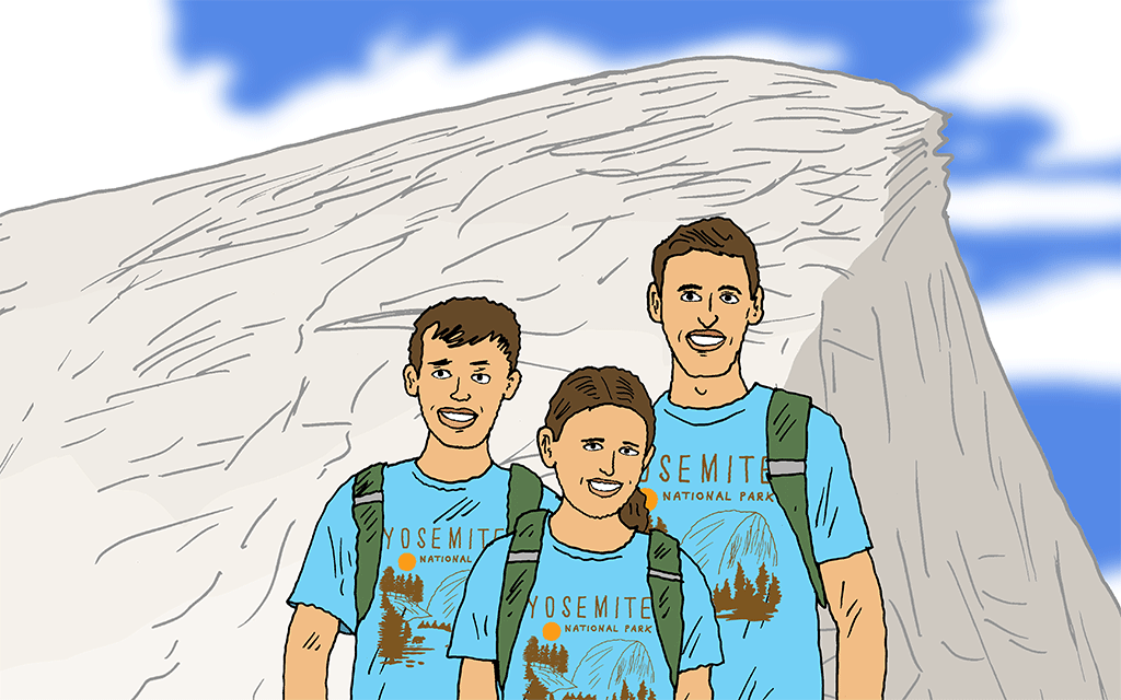 illustration of people wearing Yosemite T-shirts in front of Half Dome with bears on top