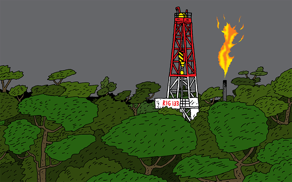 illustration of a forest with an oil rig