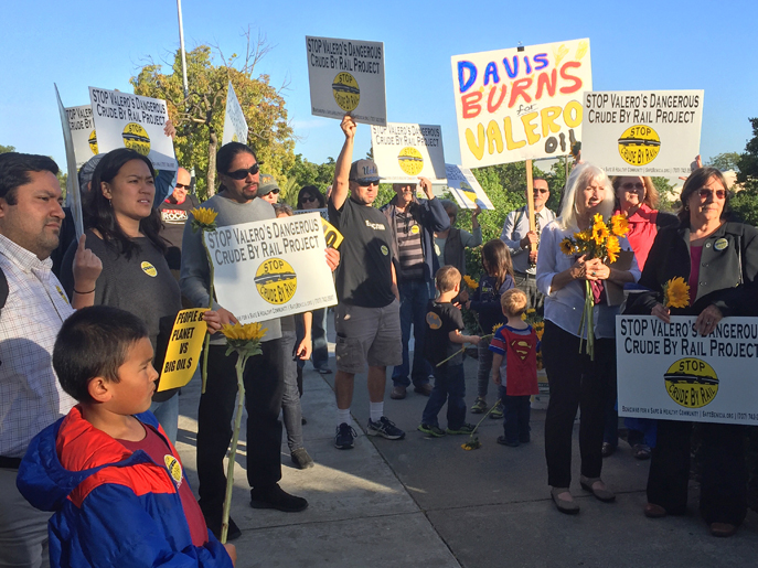 Opponents of Valero’s oil train proposal rallied in front of city hall before the Benicia City Council hearing.