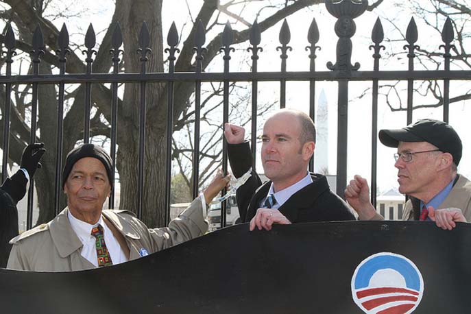 Julian Bond, Michael Brune, and Bill McKibben protest the Keystone XL tar sands pipeline outside the White House on February 13, 2013