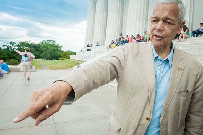Julian Bond at Lincoln Memorial during filming of the documentary "Julian Bond: Reflections from the Frontlines of the Civil Rights Movement"