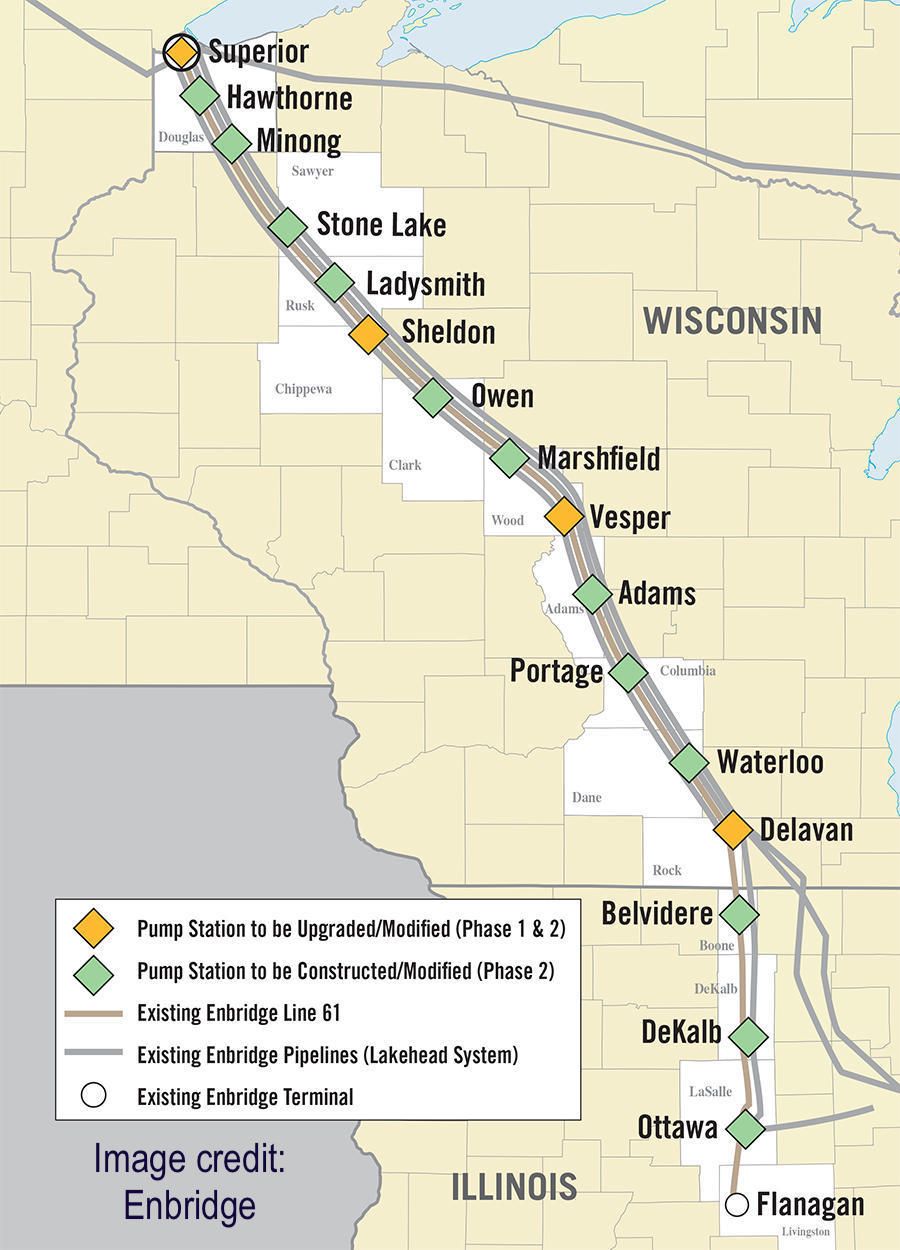Map of pipelines going from Superior, WI to Flanagan, IL