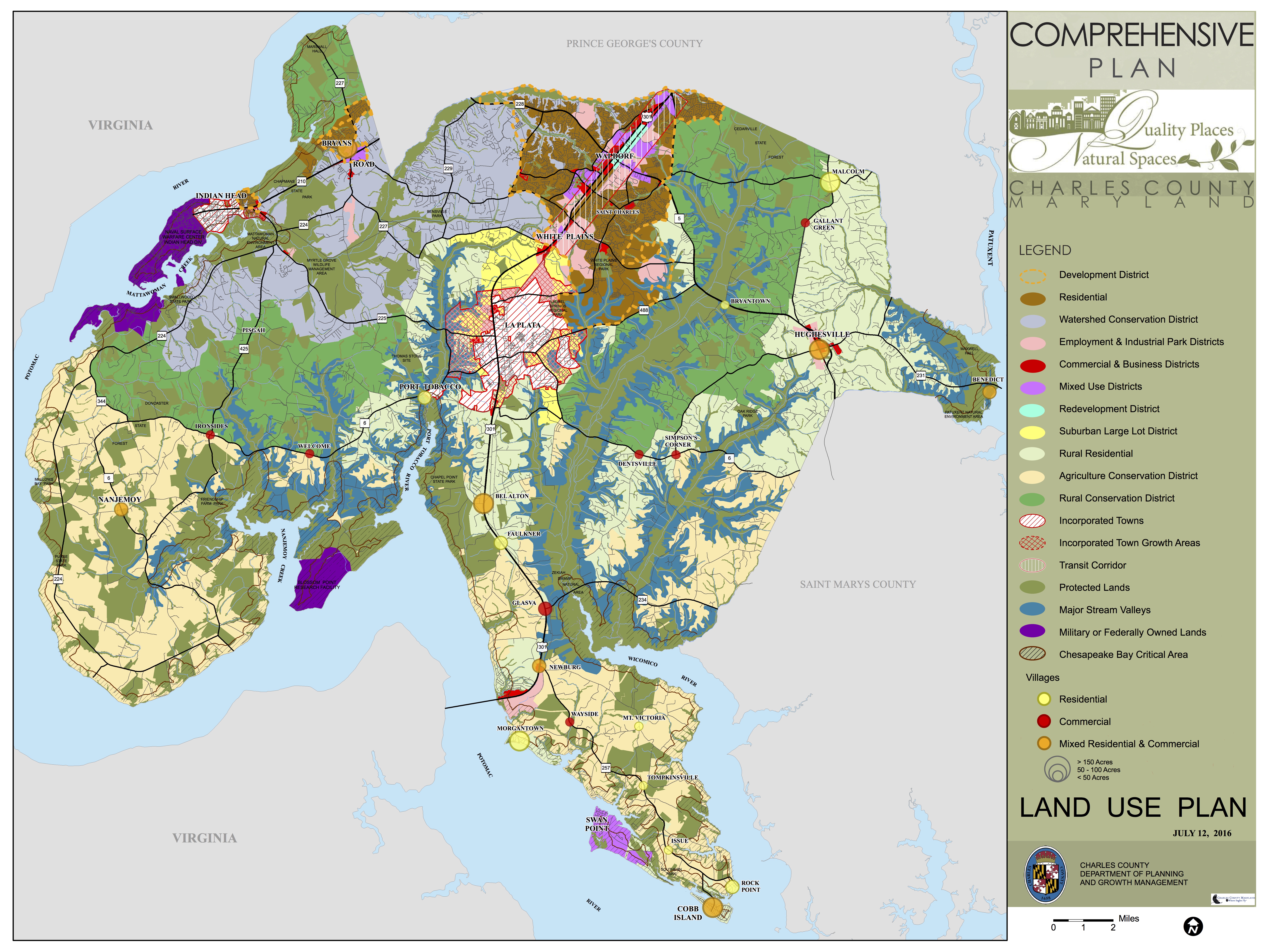 This map shows how land use is distributed throughout Charles County as a result of the comprehensive plan. The WCD is seen in the northern portion of the county.