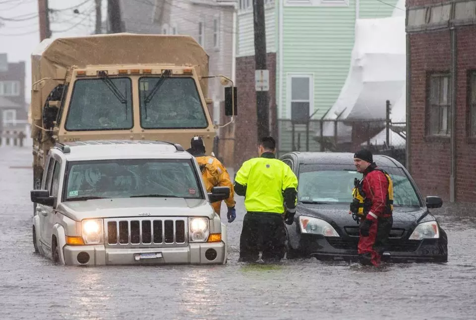Cars in Winthrop are stranded during a storm in March