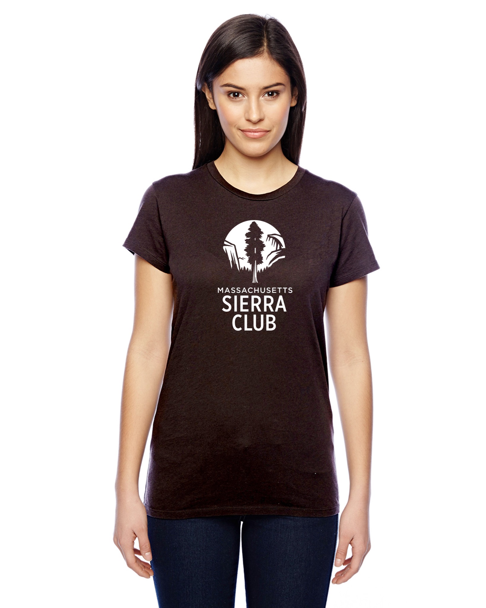 Female model wearing chocolate brown shortsleeved Massachusetts Sierra Club tshirt 