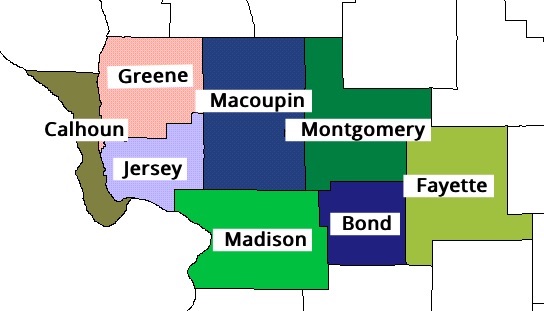 A map of the 8 counties included in the Piasa Palisades Group's territory.