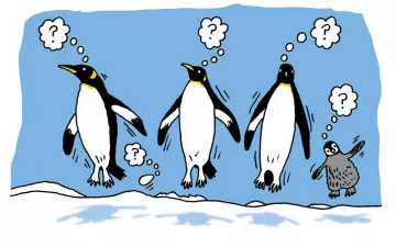 illustration of penguins hovering off the ground