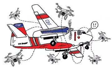 illustration of a plane circled by drones