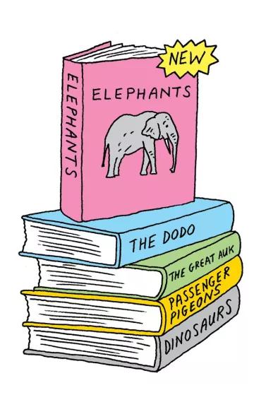 illustration of a stack of books of extinct species with elephant on the top