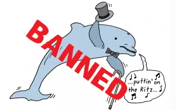 illustration of a dolphin signing with a top hat with banned written across it