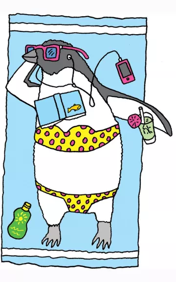 illustration of a penguin dressed in beach clothing