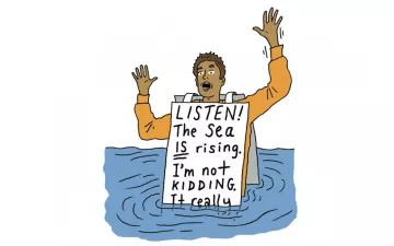 illustration of a person wearing a billboard in a rising sea
