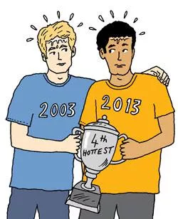 illustration of two people with 2003 and 2013 tshirts holding a trophy