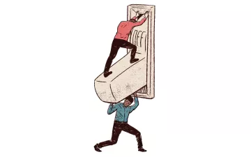 Illustration shows a light switch with two men. One wearing red is on top of the switch trying to keep it in the off position while one in blue is trying to push the switch up to on.