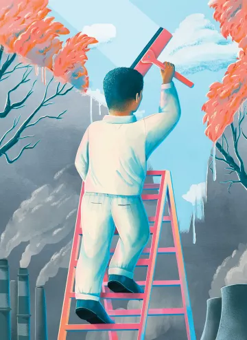 Illustration of a worker on a ladder cleaning a landscape