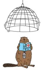 Illustration of a beaver about to be trapped by a cage