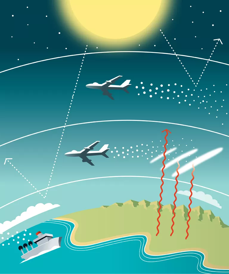 Illustration shows several solar geoengineering techniques.