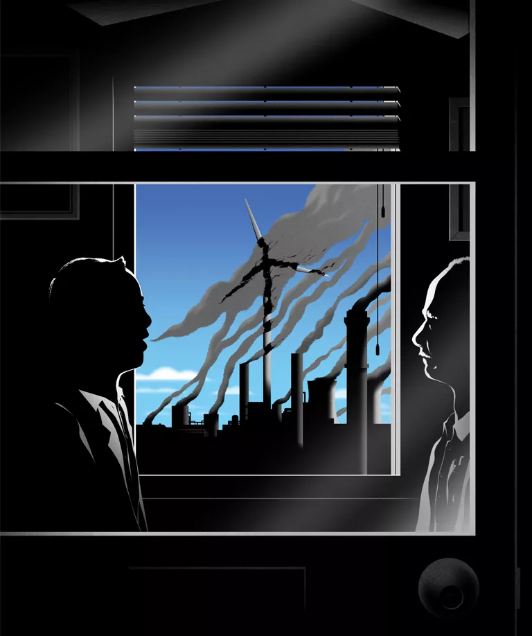Illustration shows the profiles of two men looking out a window at smokestacks and a wind turbine