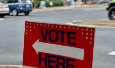 A sign directing voters to a polling place in Atlanta