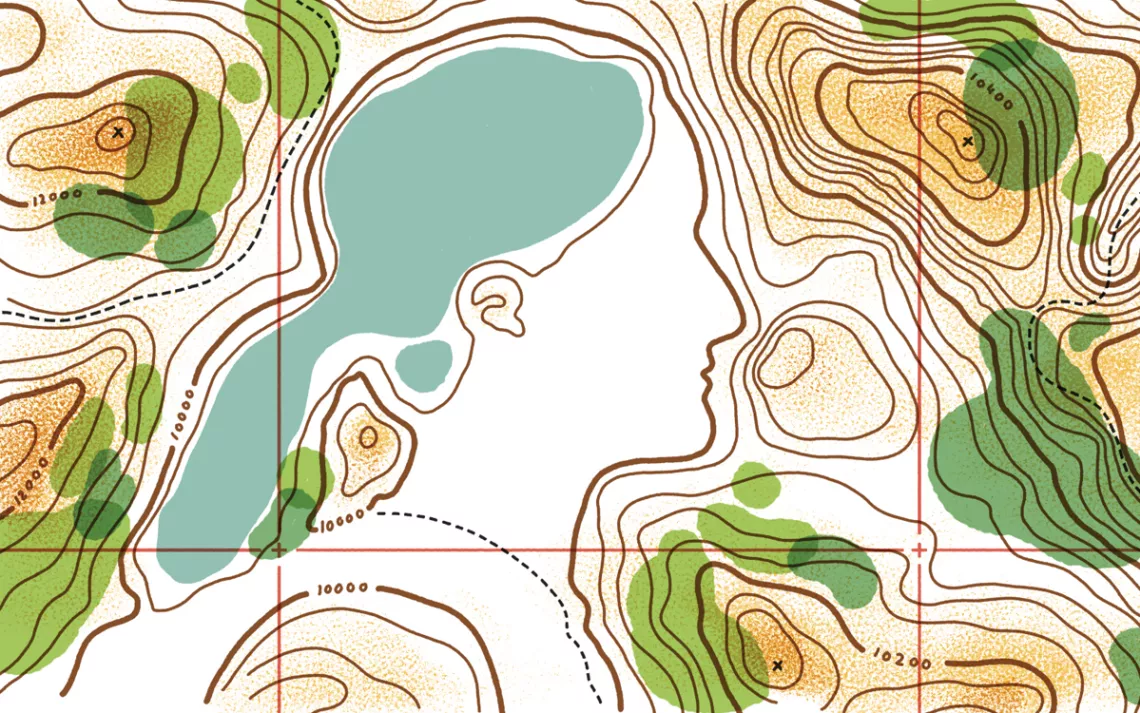 Illustration shows the profile of a woman among the geographic features of a map.