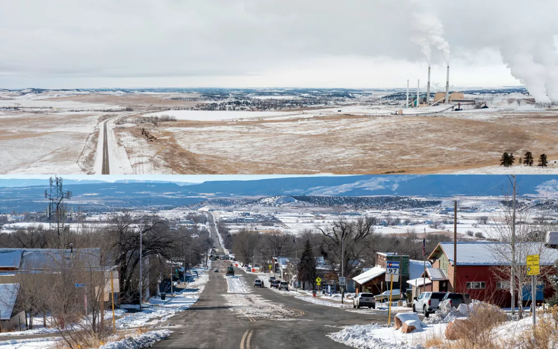 The Colstrip power plant sits in an area of snow-covered open land and a view looking down Main Street in Nucla, with several buildings and snow on the ground.