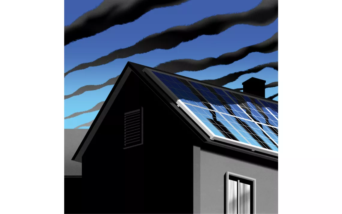  Illustration shows a house roof with solar panels. Smokestacks are reflected in the panels.