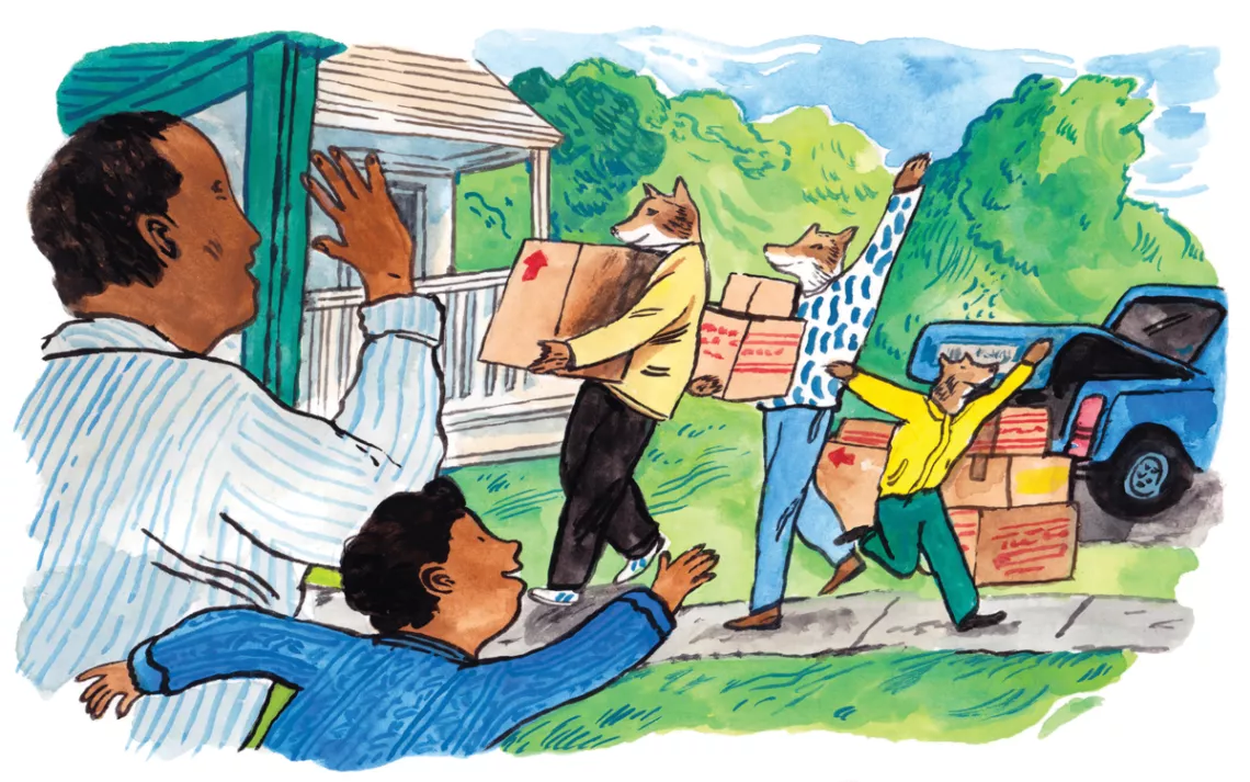 Illustration shows coyotes moving boxes into a house and friendly human neighbors waving hello.