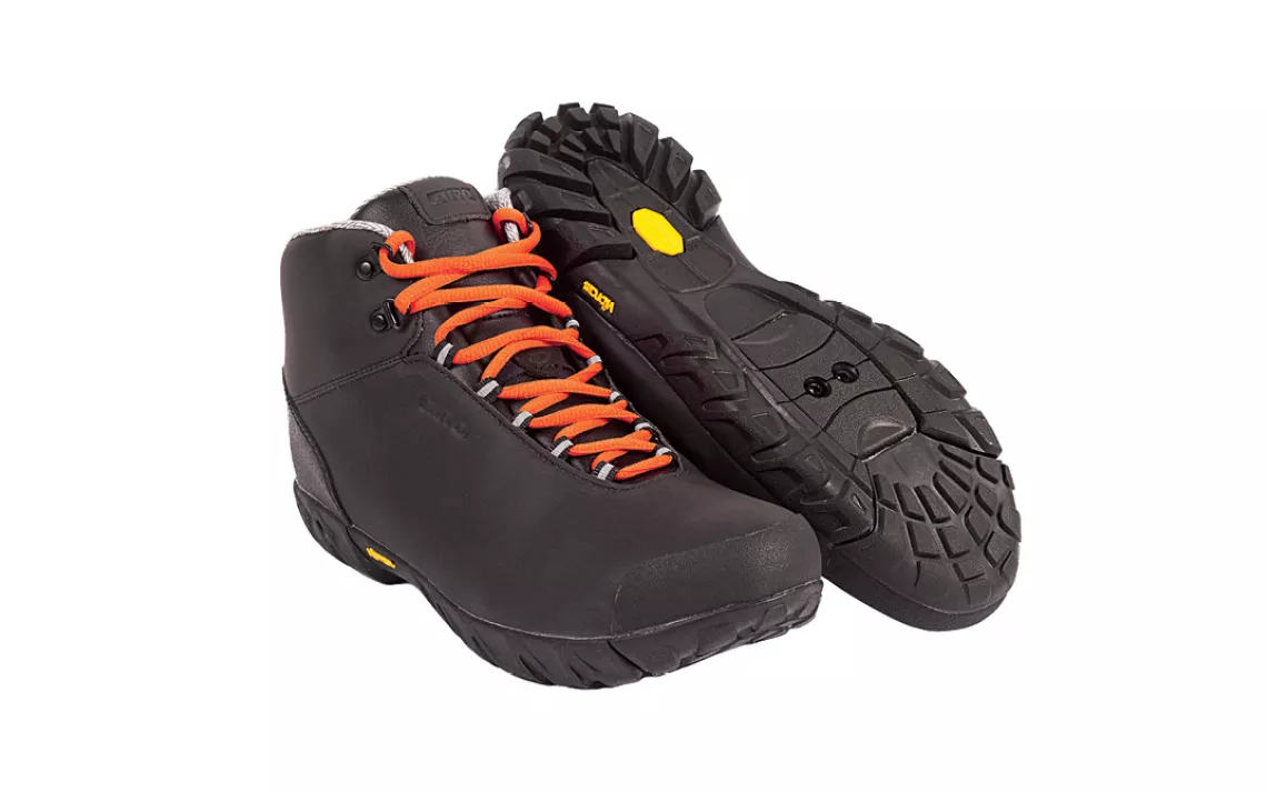 In the backcountry or the city, it's every cyclist's difficulty: how to walk in those shoes. For its new Alpineduro boots, GIRO enlisted a beefy, no-slip Vibram sole to make them fully hikeable, even with a pedaling cleat installed. The waterproof inner m