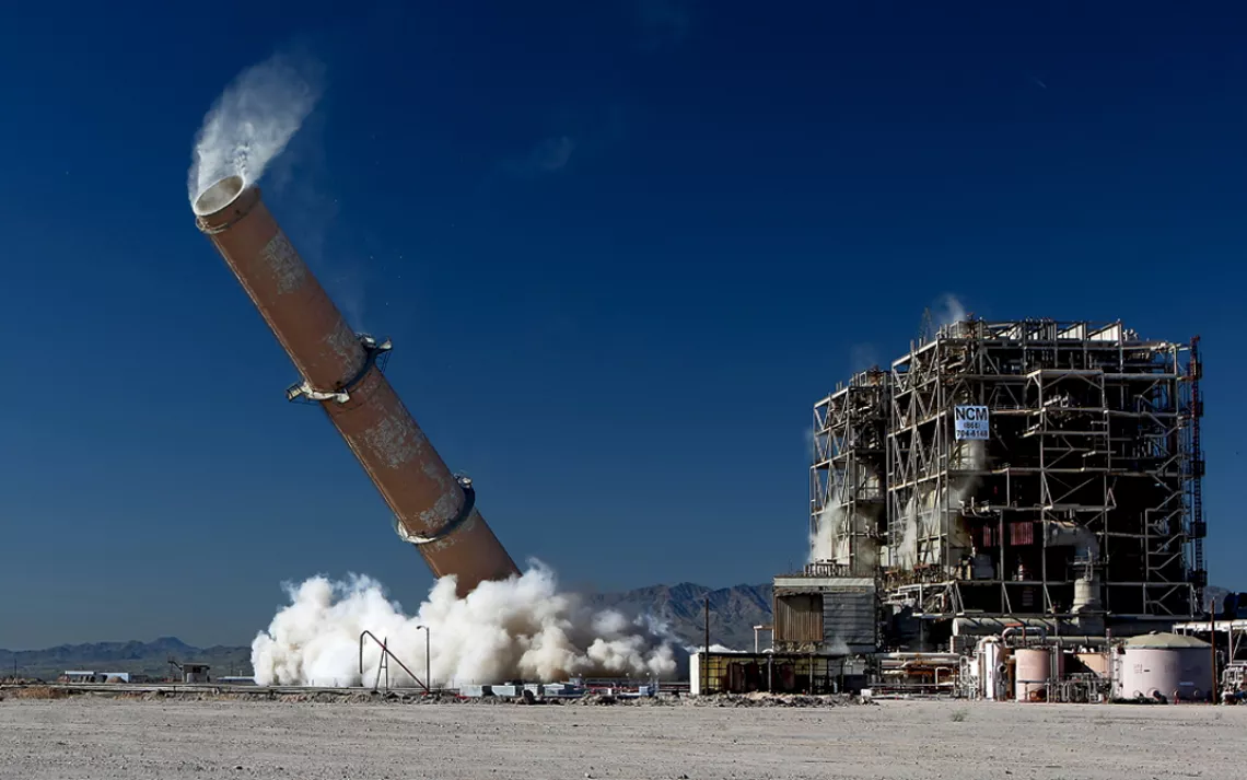The 500-foot exhaust stack of the Mohave Generating Station  in Laughlin, Nevada, was felled by explosives on March 11, 2011. 