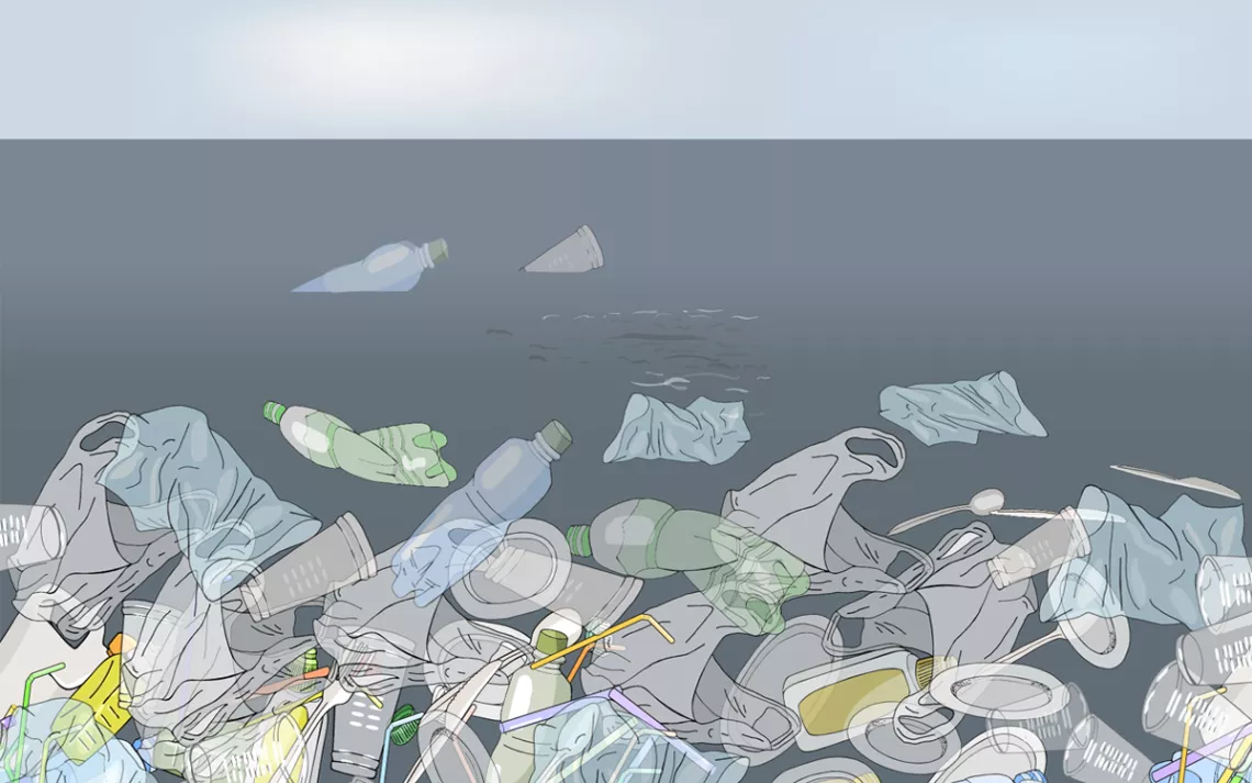 Illustration shows a bunch of plastic waste (bags, bottles, cups, plates, straws, spoons, forks, knives) floating on a body of water.
