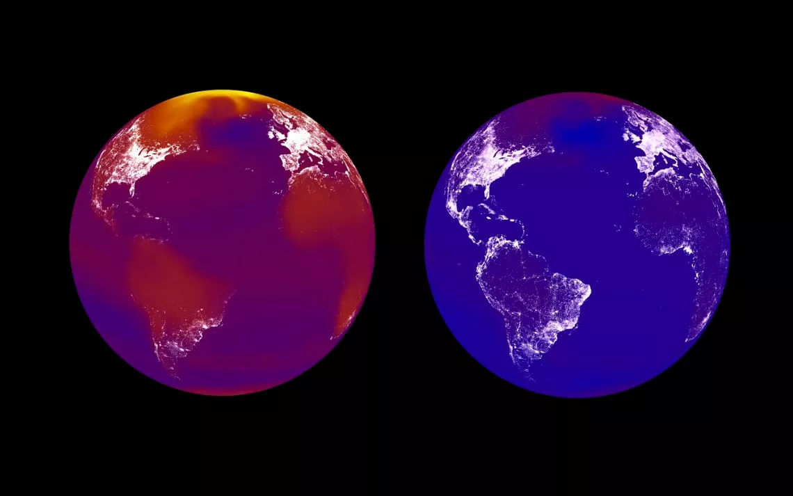 Colors are 2100 temperatures under business-as-usual (left, RCP8.5) and aggressive climate policy (right, RCP2.6).