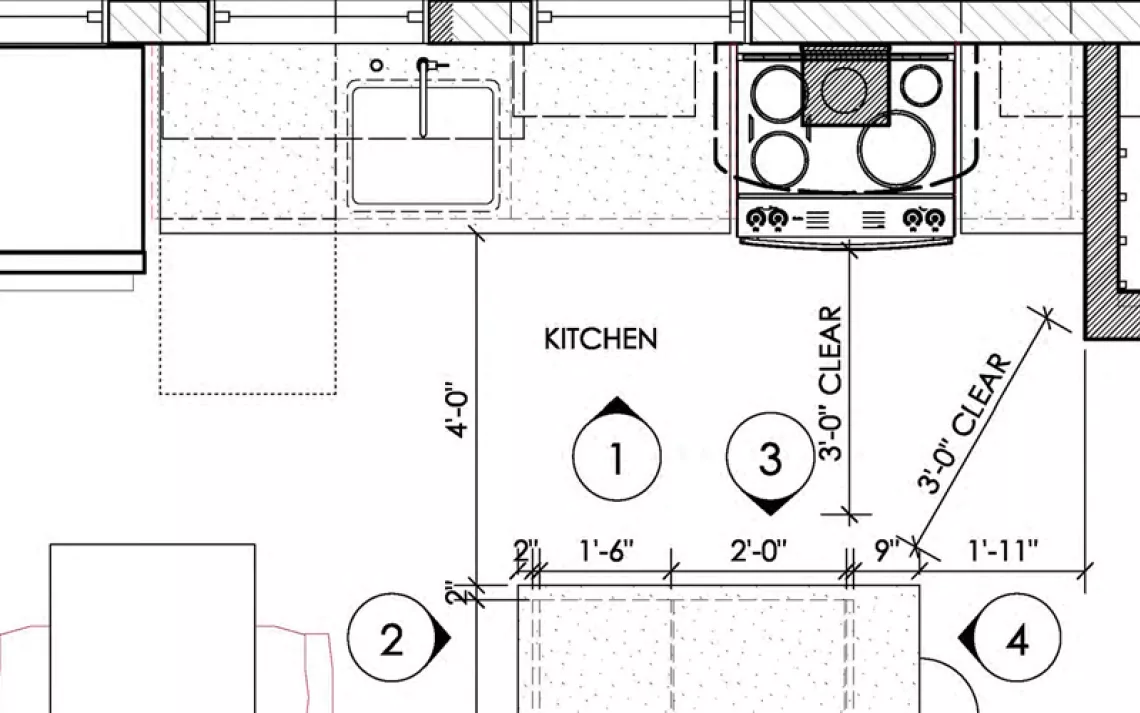 A schematic drawing of a kitchen.