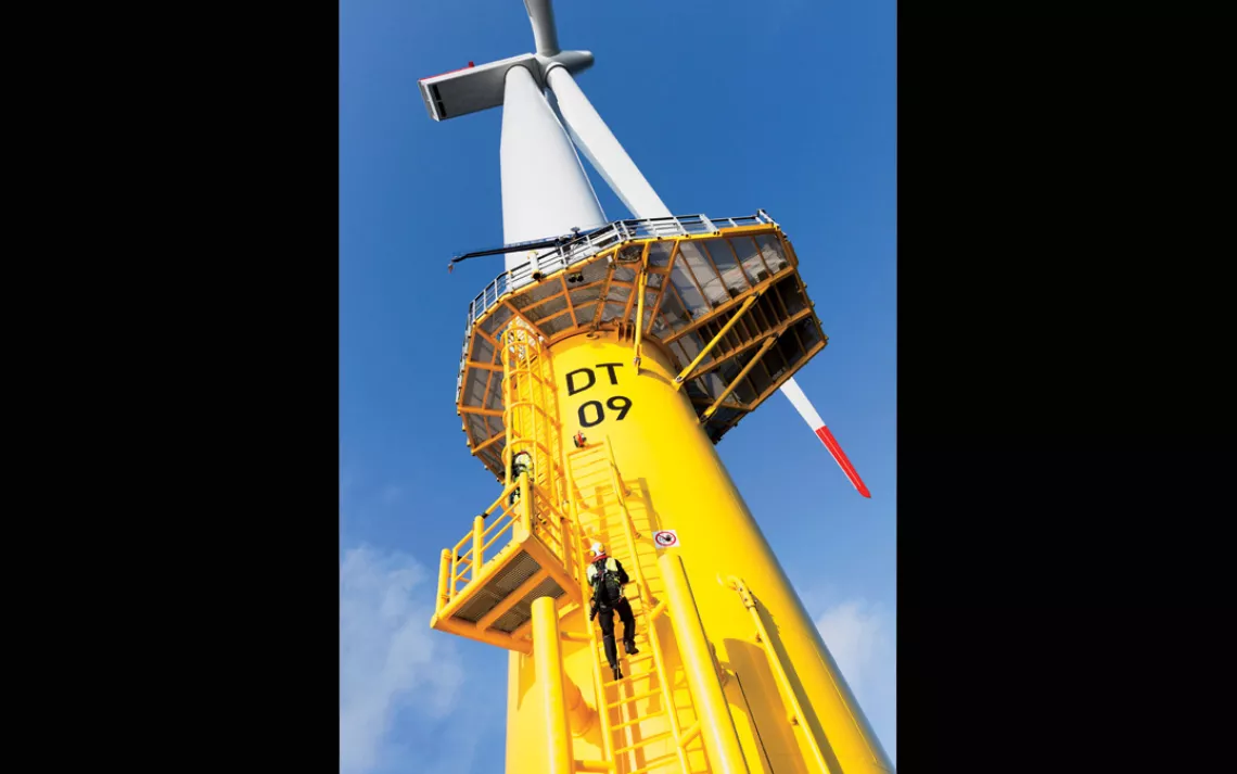 Technicians enter 3.6-megawatt turbines from below. The Sea Installer can be jacked up on extendable legs, providing a stable platform even in rough weather.