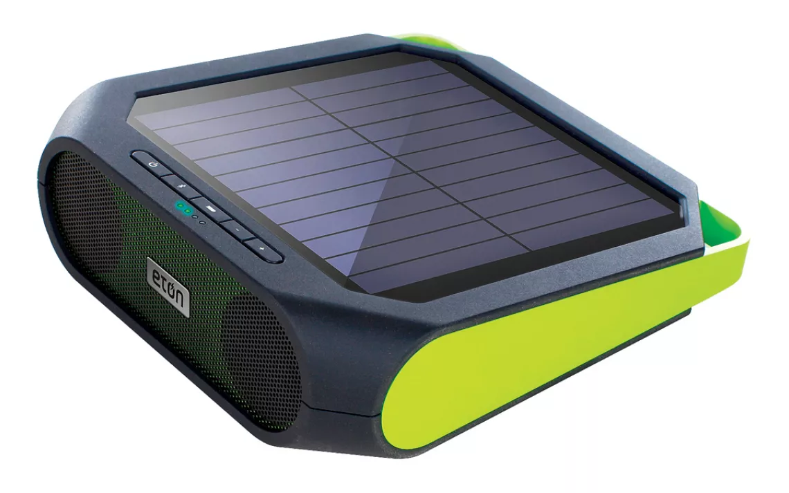Eton's Rugged Rukus is a solar-powered sound system that works with a phone or audio device via Bluetooth.