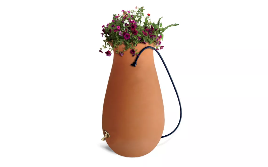 The Cascata rain barrel from Algreen Products holds 65 gallons and doubles as a planter.
