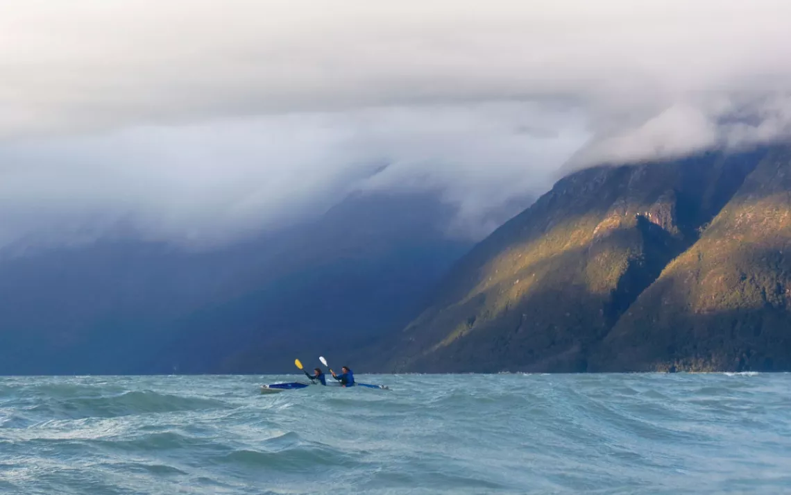Diana Saverin and Weston Boyles made the turn around Glacier Point in turbulent seas. 