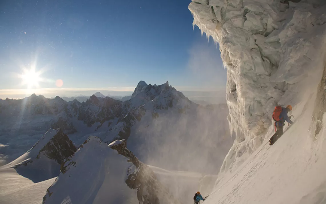 Gavin Pike and Yoshiko Miyazaki climbing Mont Blanc du Tacul. Photographed by Jon Griffith in Alpine Exposures.