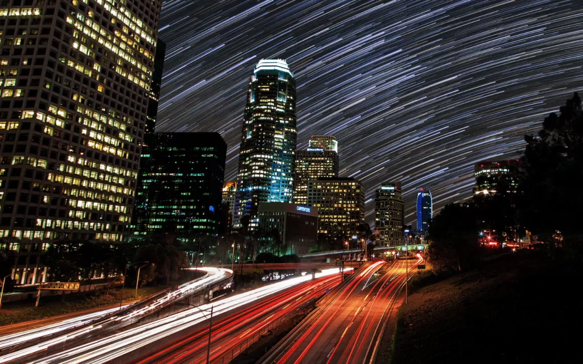 Star trails over downtown Los Angeles Freeway 2014. Photo by Nathaniel Smith /Harun Mehmedinovic / Gavin Heffernan
