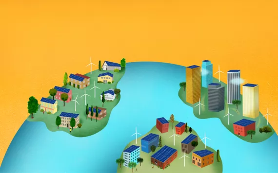 A brightly colored illustration shows the top of Earth with water and islands of homes and buildings with wind turbines scattered throughout.