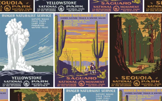 A montage of national park posters.