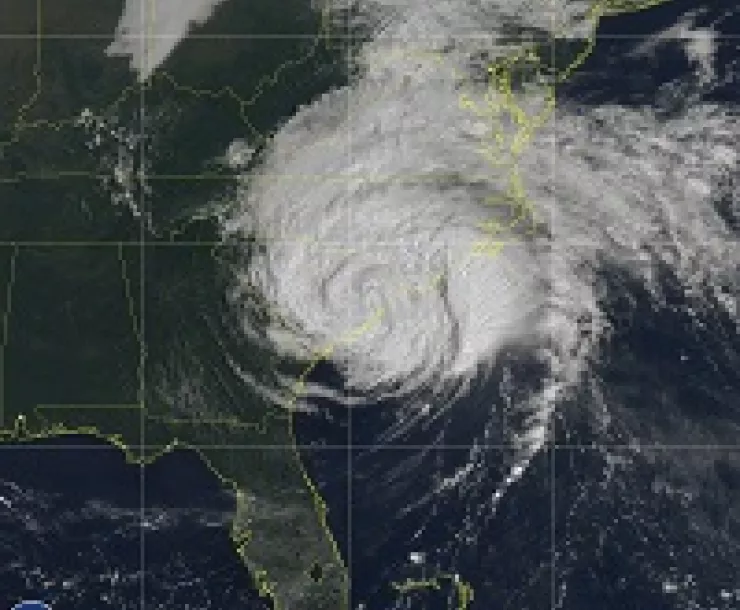 A NOAA satellite map shows Hurricane Florence in 2018 reaching the southeastern coast of the United States