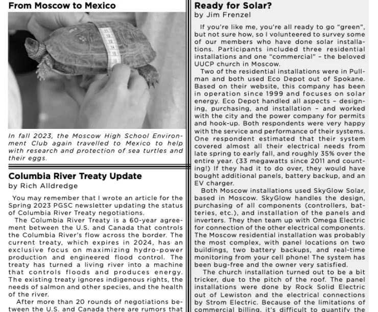 Screenshot of the first page of the Palouse Newsletter, black and white