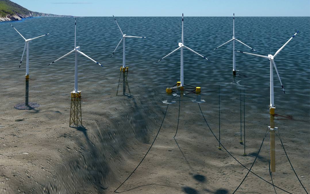 Fixed-bottom turbines are limited to shallow waters, but floating models can be sited far offshore. The anchors are installed without pile driving and can be removed easily when the project is over.