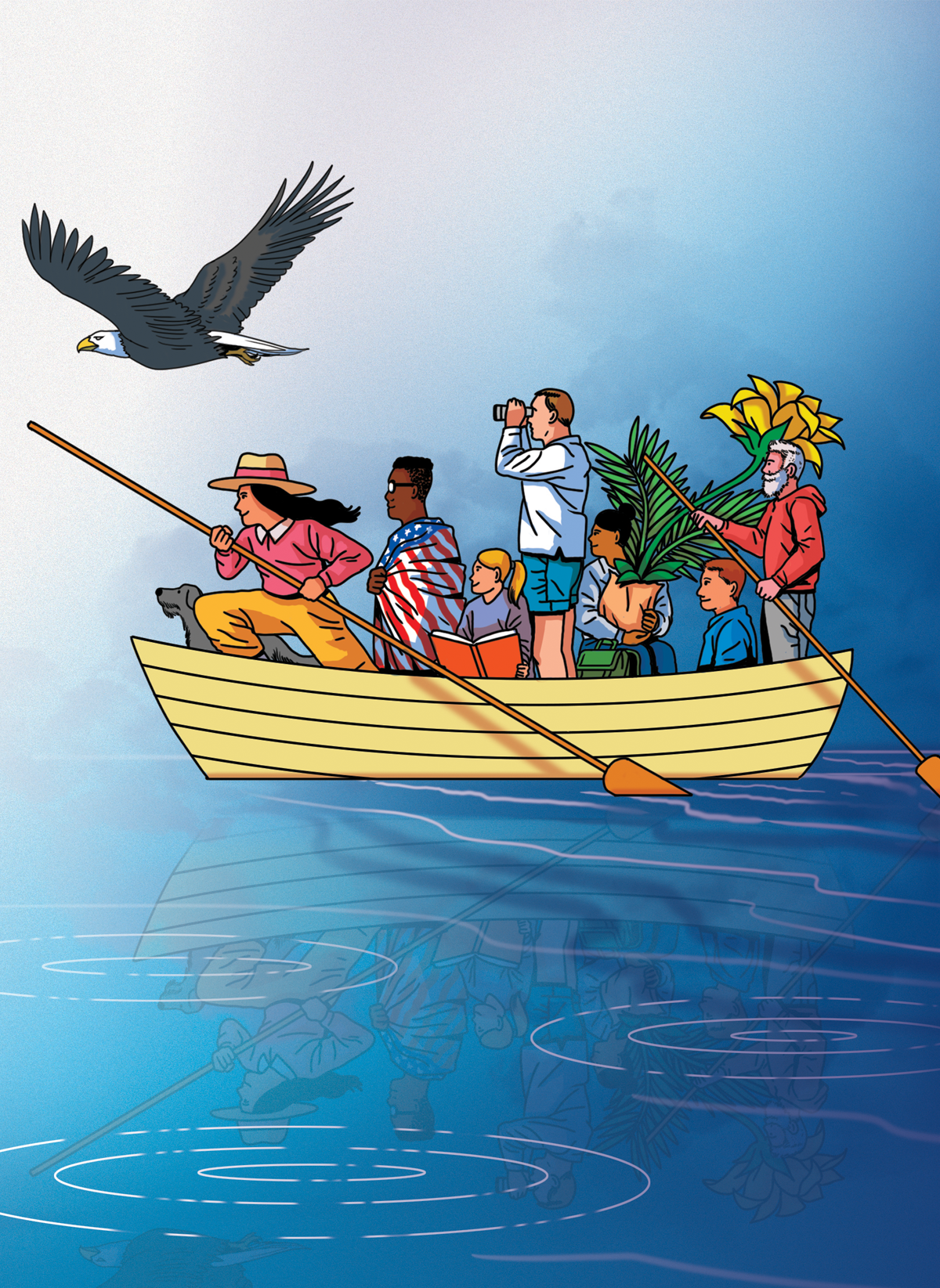 Illustration shows a rowboat full of people of different races, with an eagle flying overhead.