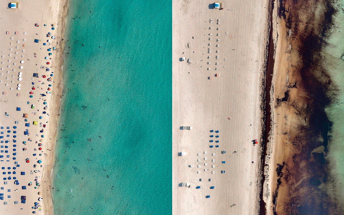 Left aerial photo shows a Miami beach with white sand and colorful beach umbrellas next to turquoise water in 2017. Right aerial photo shows the beach in 2018 with fewer umbrellas. The water looks like black ink was dropped into the turquoise water.