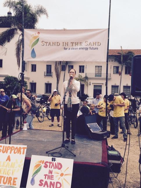 Katie Davis, chair of the Sierra Club’s Los Padres Chapter, speaks to the crowd before the rally for the recent oil spill on the shores of Santa Barbara.