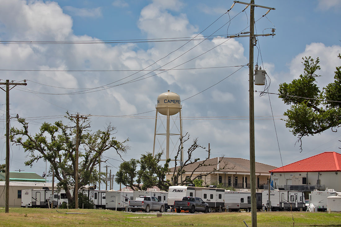 A view of Cameron, Louisiana, showing a water tower at center.