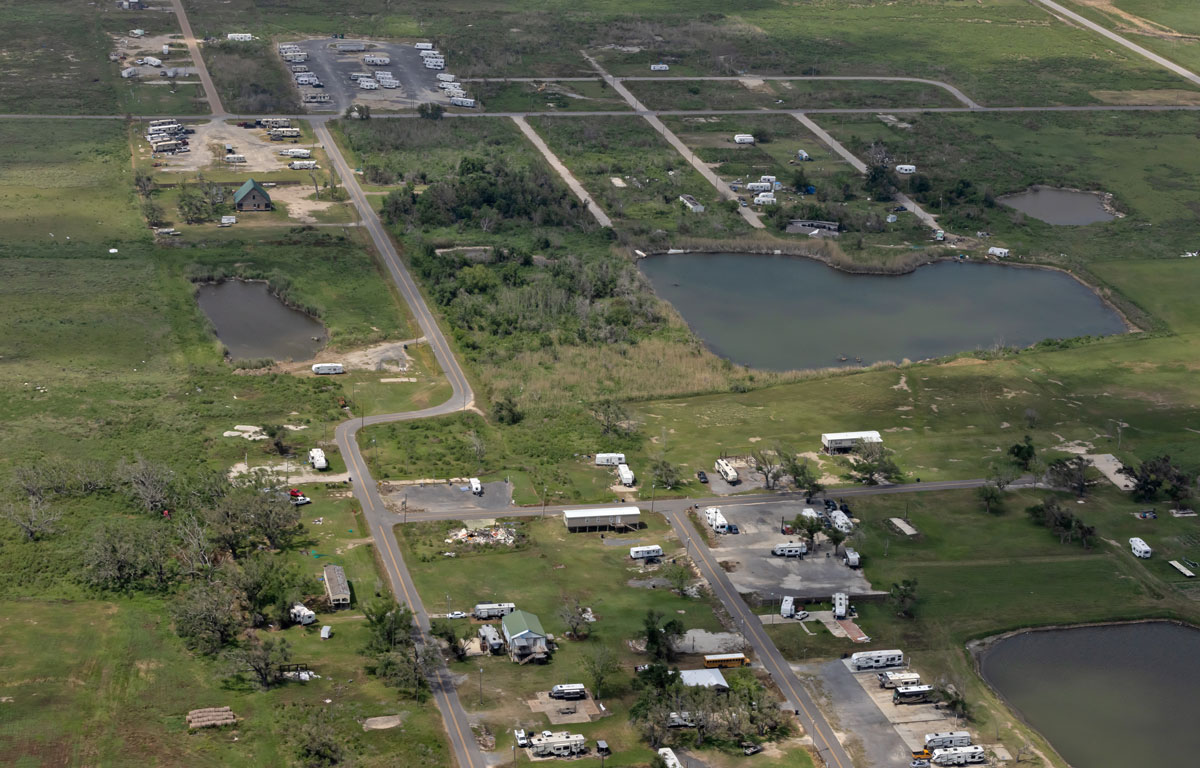 Aerial shot of residential area of Cameron showing mostly mobile homes.