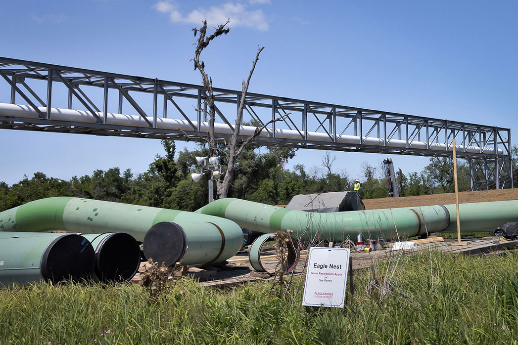 Natural gas pipeline materials at a construction site in Cameron, Louisiana.