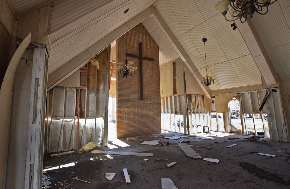 The sanctuary of an abandoned church in Cameron. 